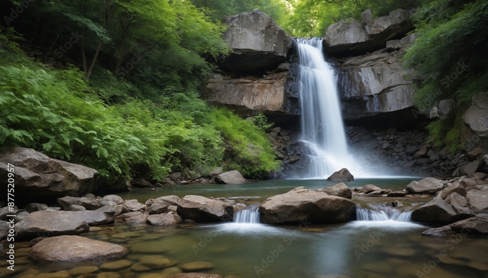 Fototapeta premium A cascading waterfall surrounded by lush greenery in a tranquil forest