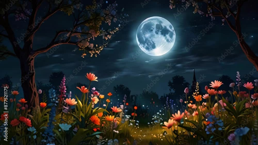 A tranquil garden filled with exotic, glowing flowers and plants under a full moon. The clouds drift slowly across the sky, creating a serene and otherworldly ambiance, 4K wallpaper animation video A tranquil garden filled with exotic, glowing flowers and plants under a full moon. The clouds drift slowly across the sky, creating a serene and otherworldly ambiance, 4K wallpaper animation video