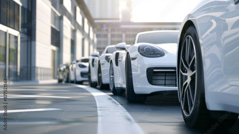 A line of sleek white sports cars parked on an urban street, reflecting the modern architecture of the surrounding buildings. A line of sleek white sports cars parked on an urban street, reflecting the modern architecture of the surrounding buildings.