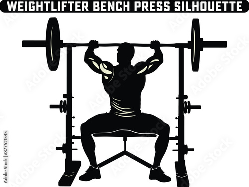 Weightlifter bench press silhouette. weight lifting muscle man or bodybuilder weightlifting weights in silhouette. Exercises in gym on fitness Bench Press Silhouette. Sportsman bodybuilder