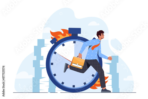 Time management man. Young guy with briefcase runs against backdrop of burning clock. Productivity and motivation. Workaholic businessman. Cartoon vector illustration isolated on white background
