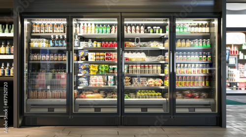 Brightly lit supermarket refrigeration shelves stocked with a wide variety of colorful beverages and food items.
