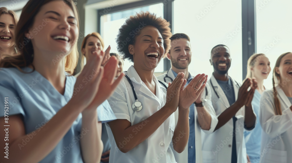 A diverse group of healthcare professionals applauds in a well-lit room, filled with positivity and teamwork. A diverse group of healthcare professionals applauds in a well-lit room, filled with positivity and teamwork.