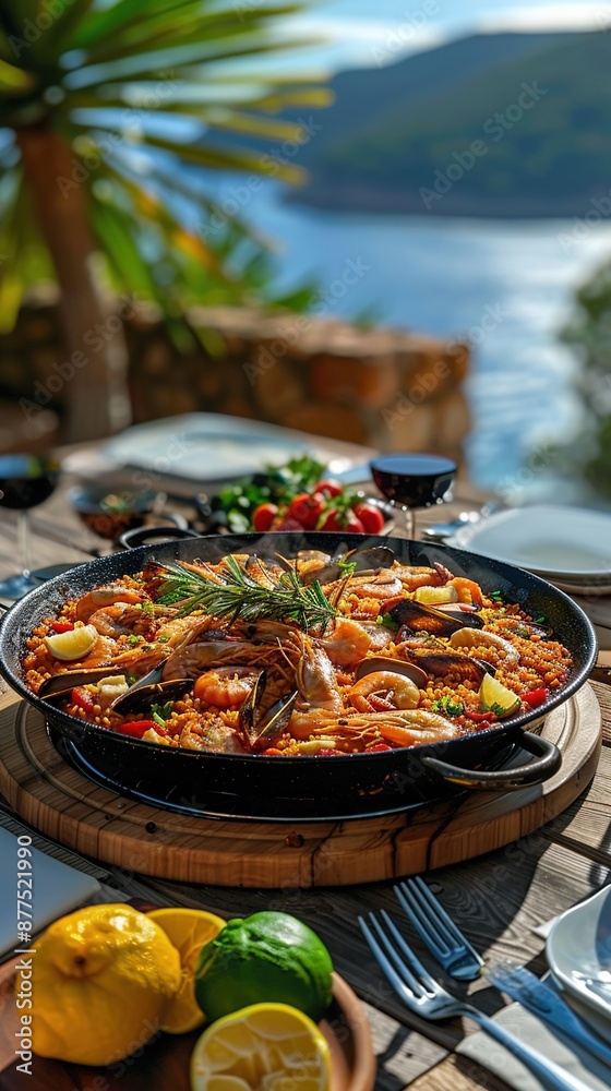 A large paella dish arranged on a wooden table against a Mediterranean landscape background