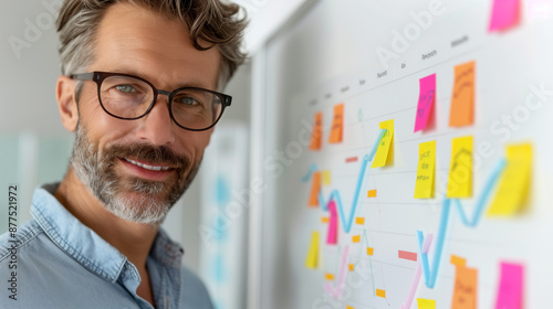 man brainstorming investment strategies with sticky notes and financial charts on a whiteboard in a modern business office