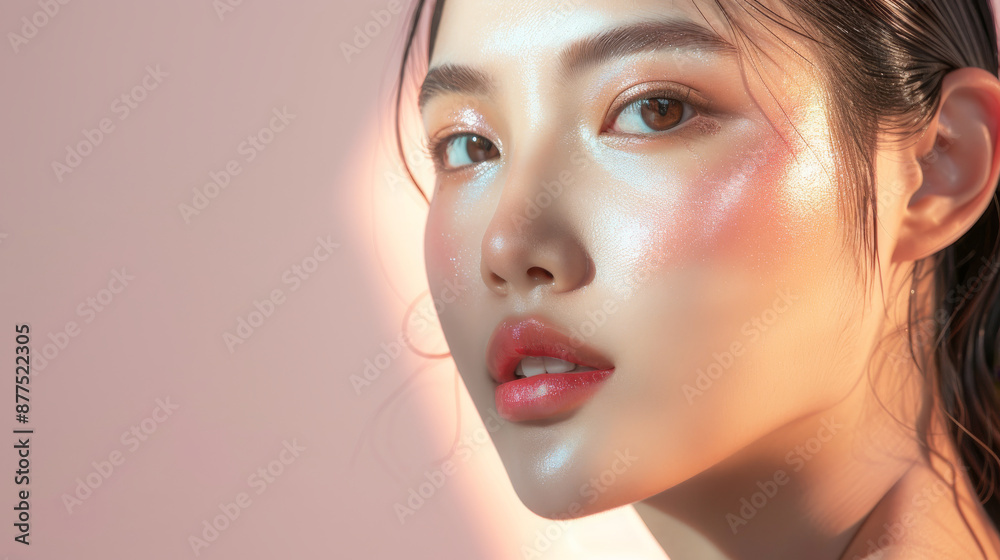 A striking visage of a woman highlighted with glossy skin and a soft pink hue, capturing both elegance and poise in a balanced light. A striking visage of a woman highlighted with glossy skin and a soft pink hue, capturing both elegance and poise in a balanced light.