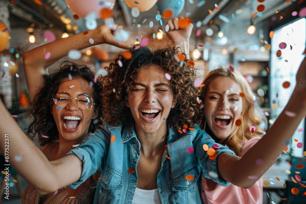 Joyful Celebration with Friends Amidst Colorful Confetti Joyful Celebration with Friends Amidst Colorful Confetti