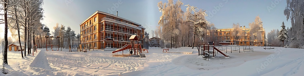 A panoramic view of a school building during winter, with a snow-covered playground in the foreground. The building stands tall against a backdrop of snow-covered trees and a clear, crisp sky. A panoramic view of a school building during winter, with a snow-covered playground in the foreground. The building stands tall against a backdrop of snow-covered trees and a clear, crisp sky.