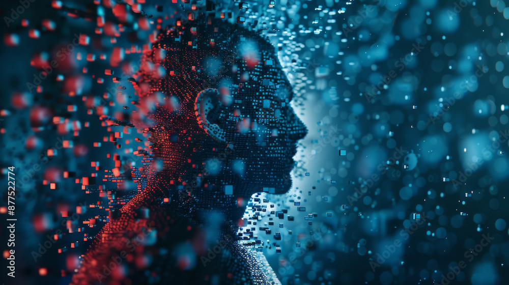 A fragmented silhouette of a man emerges from a matrix of digital particles in a glowing blue and red ambient light. A fragmented silhouette of a man emerges from a matrix of digital particles in a glowing blue and red ambient light.