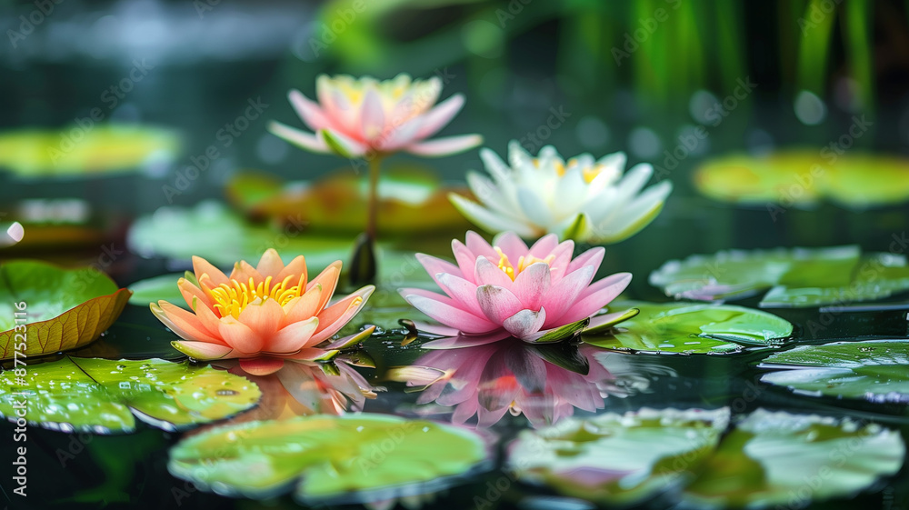 A serene scene of pastel-colored flowers in water, surrounded by green lily pads. Ai generated