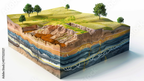 A detailed cross-sectional depiction of Earth's layers, showing vibrant topography, plant life on the surface, and intricate geological formations beneath.