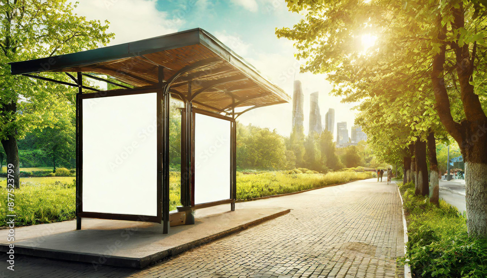 White bus stop billboard poster in a station with cars in moving in the background, Front view, mockup concept blank poster, city traffic White bus stop billboard poster in a station with cars in moving in the background, Front view, mockup concept blank poster, city traffic