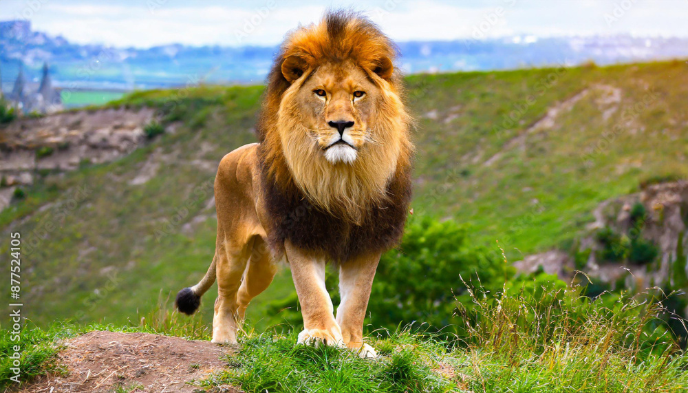 Strong and confident lion on a hill Lioness relaxing on the rock with blue sky in background African Lion Standing on Mossy Rock Strong and confident lion on a hill Lioness relaxing on the rock with blue sky in background African Lion Standing on Mossy Rock