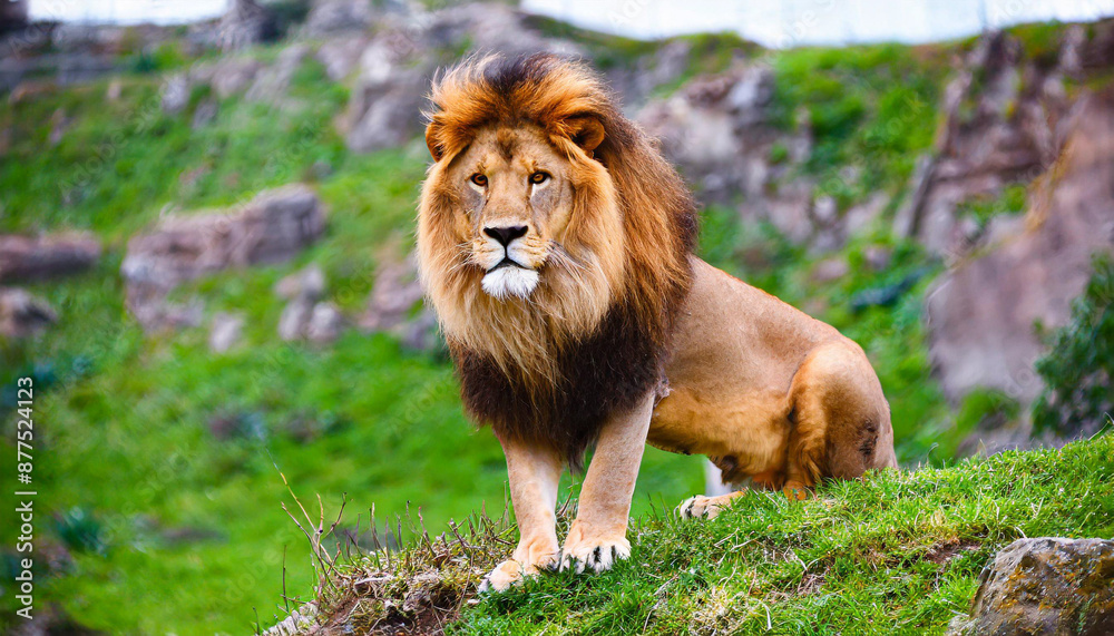 Strong and confident lion on a hill Lioness relaxing on the rock with blue sky in background African Lion Standing on Mossy Rock Strong and confident lion on a hill Lioness relaxing on the rock with blue sky in background African Lion Standing on Mossy Rock