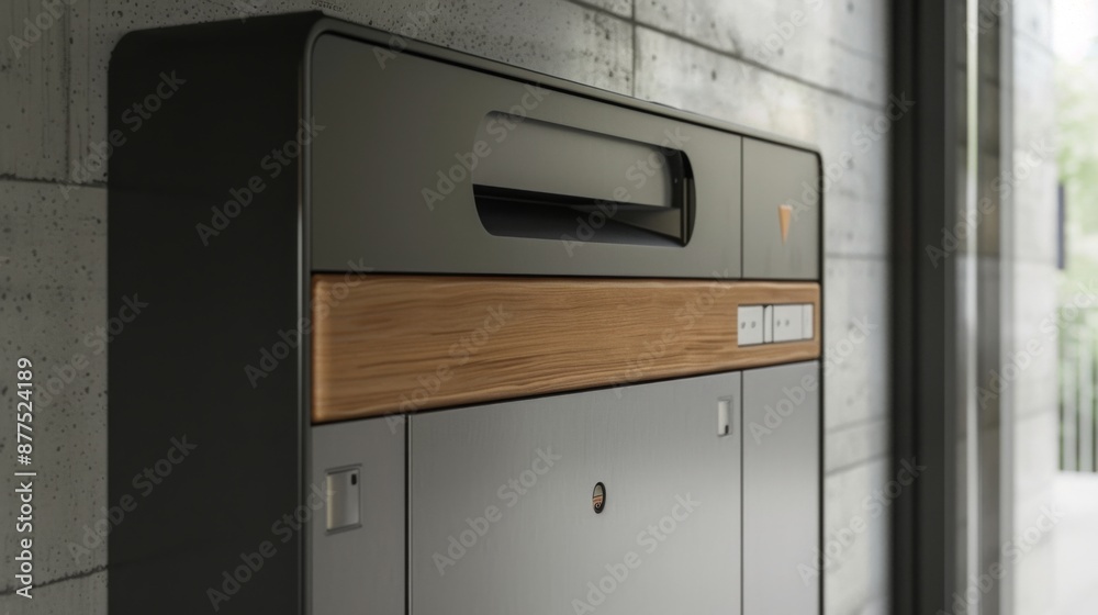 A sleek, modern doorbell with a wooden accent mounted on a brick wall. A sleek, modern doorbell with a wooden accent mounted on a brick wall.