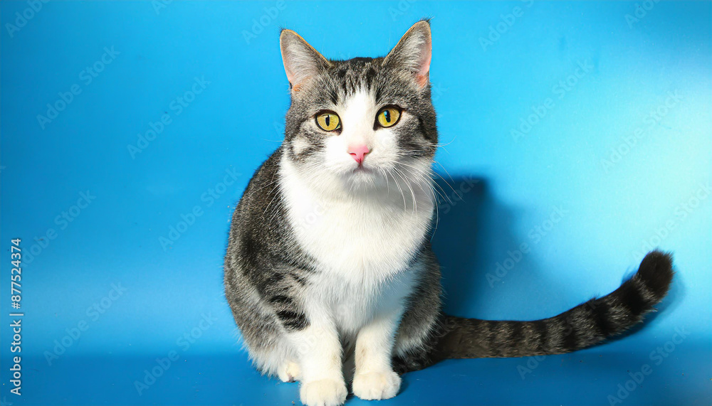 Fototapeta premium Studio shot of a gray and white striped cat sitting on blue background
