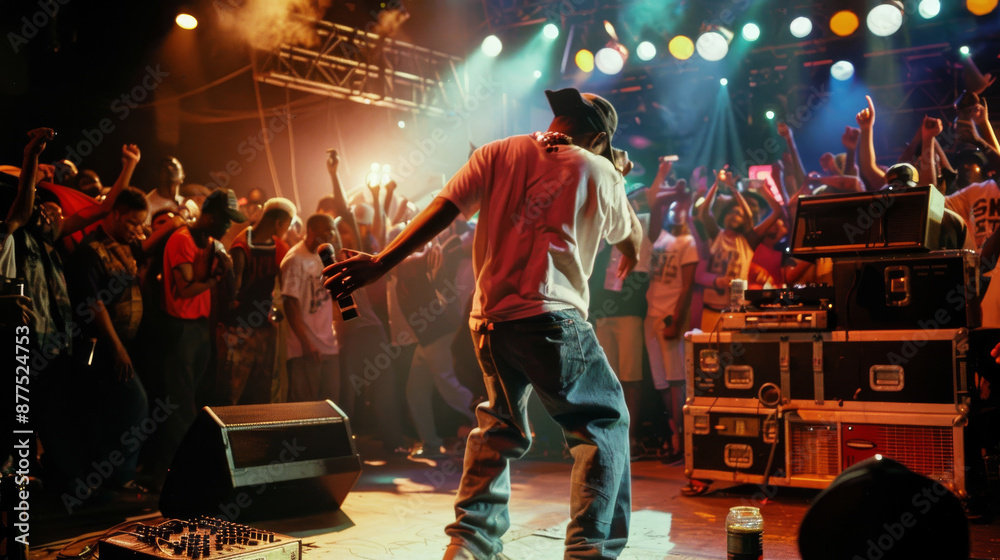 Obraz premium A performer energetically engages with the crowd during a vibrant live music concert, with colorful lights illuminating the scene.