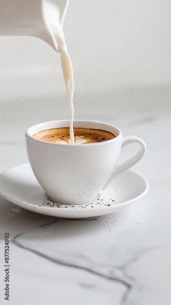milk being poured into coffee, white cup on table, photo, high resolution, product photography milk being poured into coffee, white cup on table, photo, high resolution, product photography