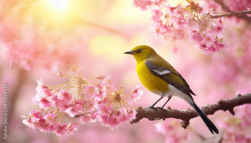 Flock of birds are singing happily on the branches of a tree with spring flower blossoms and sun light , spring season background Flock of birds are singing happily on the branches of a tree with spring flower blossoms and sun light , spring season background