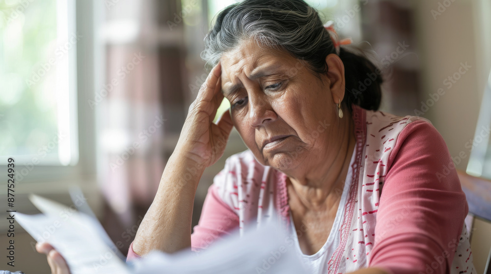 A concerned elderly woman, sitting at a table, reads through her bills, highlighting financial stress and worry. A concerned elderly woman, sitting at a table, reads through her bills, highlighting financial stress and worry.