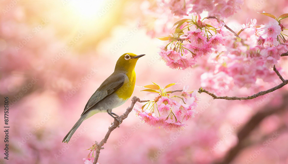 Flock of birds are singing happily on the branches of a tree with spring flower blossoms and sun light , spring season background Flock of birds are singing happily on the branches of a tree with spring flower blossoms and sun light , spring season background
