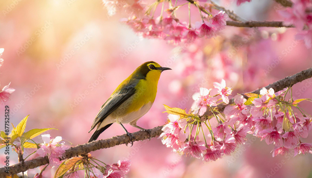 Flock of birds are singing happily on the branches of a tree with spring flower blossoms and sun light , spring season background Flock of birds are singing happily on the branches of a tree with spring flower blossoms and sun light , spring season background