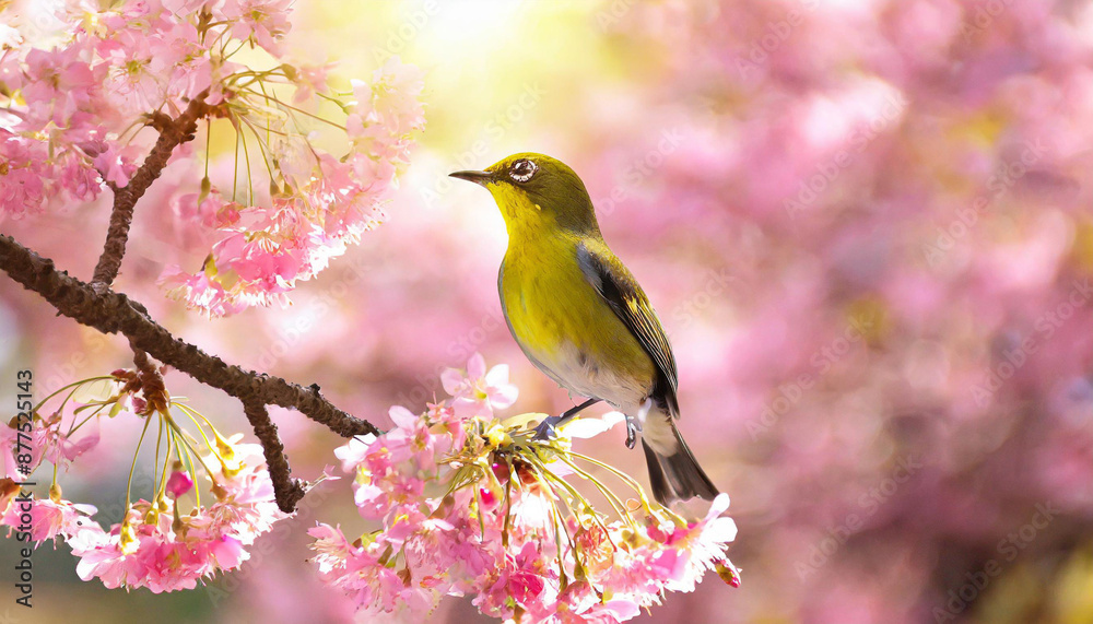 Flock of birds are singing happily on the branches of a tree with spring flower blossoms and sun light , spring season background Flock of birds are singing happily on the branches of a tree with spring flower blossoms and sun light , spring season background
