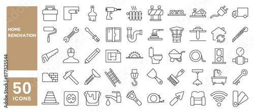 Set of 50 line icons related to home renovation, house repair, improvement, interior design, decoration, tools, carpentry, bathroom, Editable stroke. Vector illustration