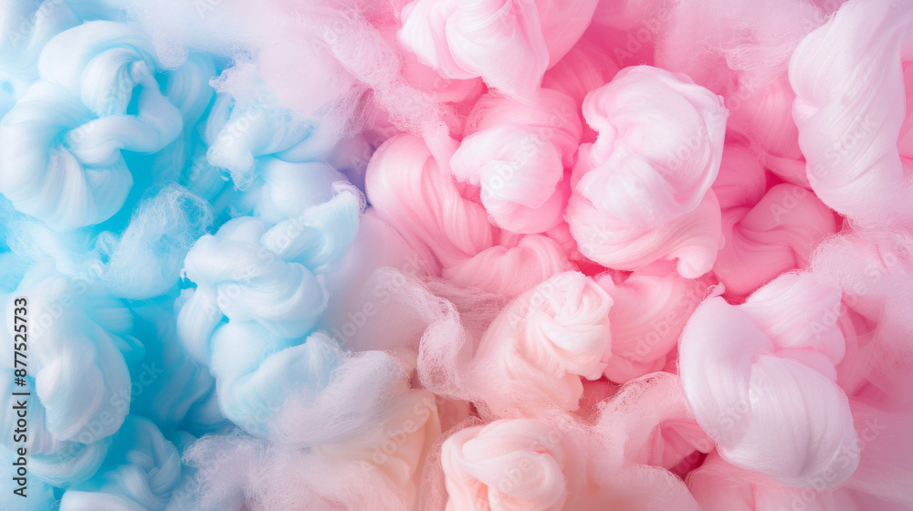 Obraz premium A close-up of fluffy, pastel pink and blue cotton candy swirls, evoking childhood memories with their light, airy, and sugary-soft appearance.