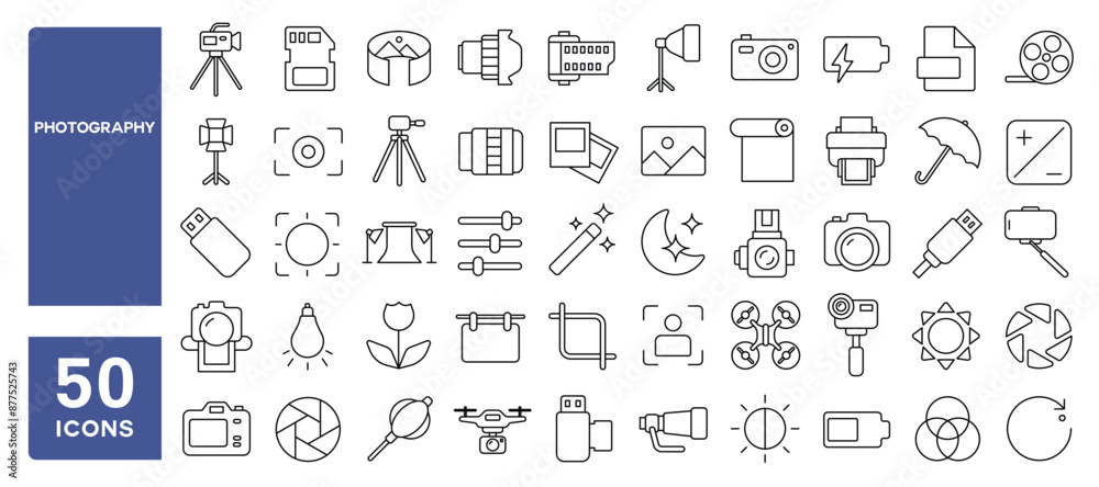 Set of 50 line icons related to photography, camera, shooting, photo lens, shutter, lighting, memory card, softbox, Editable stroke. Vector illustration Set of 50 line icons related to photography, camera, shooting, photo lens, shutter, lighting, memory card, softbox, Editable stroke. Vector illustration
