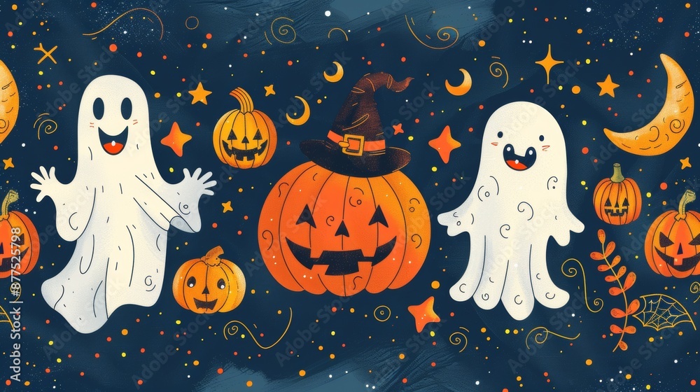 halloween illustration, cheerful halloween sketch with joyful monsters, spooky costumes, and shiny stars, bringing happiness and enchantment in a vibrant and fun display halloween illustration, cheerful halloween sketch with joyful monsters, spooky costumes, and shiny stars, bringing happiness and enchantment in a vibrant and fun display