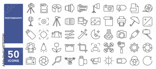 Set of 50 line icons related to photography, camera, shooting, photo lens, shutter, lighting, memory card, softbox, Editable stroke. Vector illustration