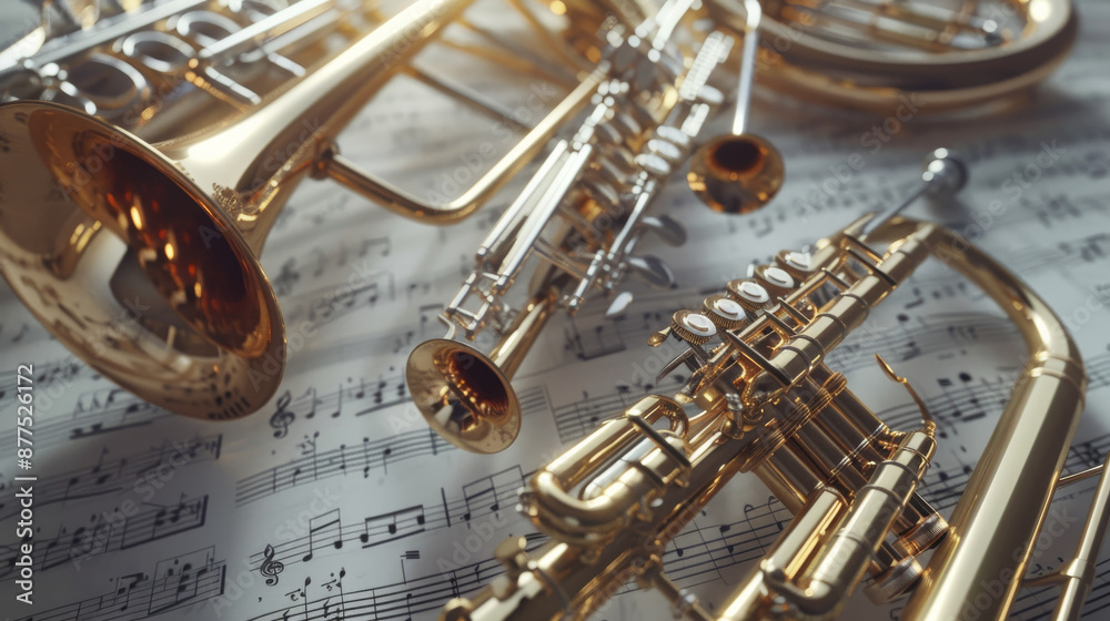 Obraz premium An elegant array of brass instruments lying atop sheet music, bathed in soft light, evoking a sense of musical heritage and craftsmanship.