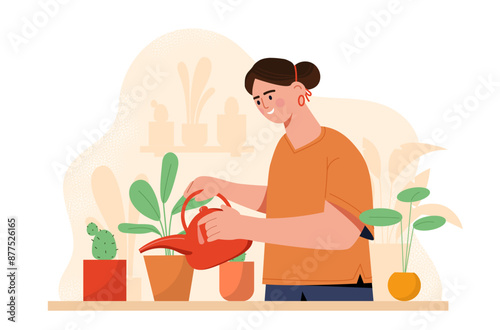 Woman watering houseplants. Young girl with watering can will sprouts. Comfort and coziness in apartment. Gardening and horticulture, botany and floristry. Cartoon vector illustration
