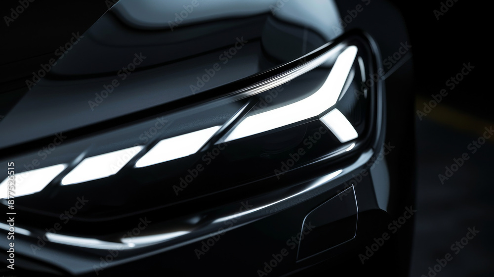 Close-up of futuristic car's sleek front headlight, showcasing its modern, sharp lines and powerful LED illumination. Close-up of futuristic car's sleek front headlight, showcasing its modern, sharp lines and powerful LED illumination.