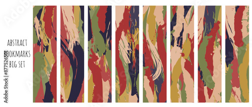 Big set of 8 bookmarks colorful templates. Abstract brush stroke elements. Classical rectangular bookmarks. Abstract illustration. Isolated on white background. Bookmarks set for reading.