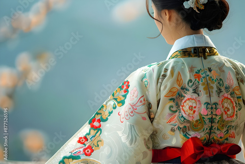 A pretty Korean gisaeng in traditional hanbok with intricate embroidery.


 photo