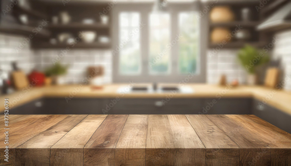 Wooden table on blurred kitchen bench background. Empty wooden table and blurred kitchen background Wooden table on blurred kitchen bench background. Empty wooden table and blurred kitchen background