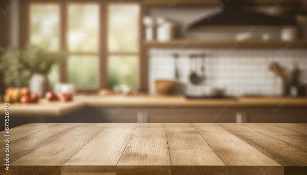 Wooden table on blurred kitchen bench background. Empty wooden table and blurred kitchen background Wooden table on blurred kitchen bench background. Empty wooden table and blurred kitchen background