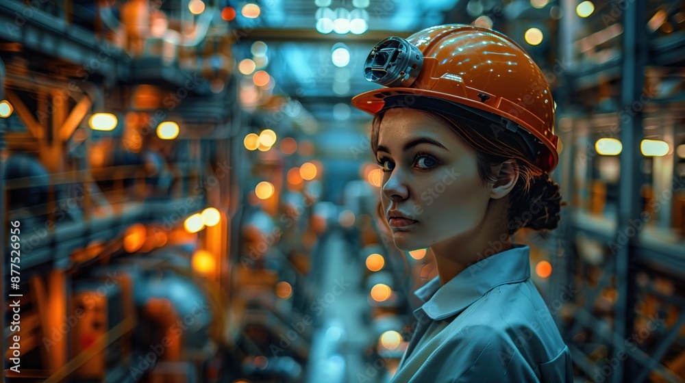 Portrait of a confident female industrial worker wearing a hard hat in a modern factory. Portrait of a confident female industrial worker wearing a hard hat in a modern factory.