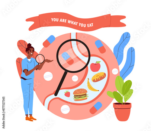 You are what you eat. Woman in medical uniform with magnifying glass examines gastric tract. Anatomy and biology. Motivational quotes. Healthy lifestyle and roper diet. Cartoon vector illustration