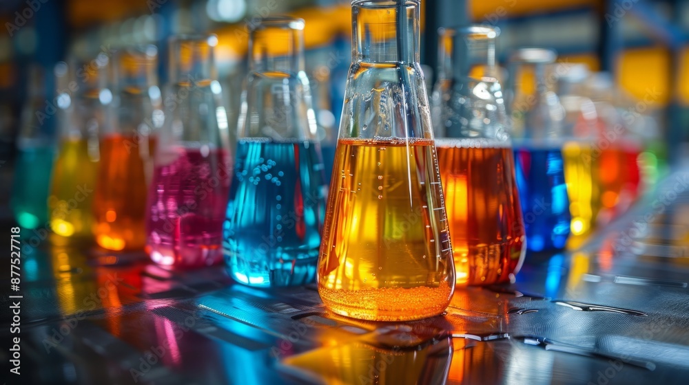 A close-up shot of colorful liquids in Erlenmeyer flasks, arranged on a metal surface in a laboratory. A close-up shot of colorful liquids in Erlenmeyer flasks, arranged on a metal surface in a laboratory.