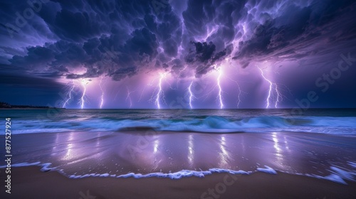 Powerful lightning storm illuminates dark sea clouds, capturing nature s dramatic beauty