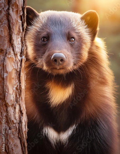 A brown wolverine is peeking out from behind a tree trunk, showcasing its head, eye, carnivorous nature, terrestrial habitat, snout, and whiskers characteristic of bears like the Kodiak bear photo