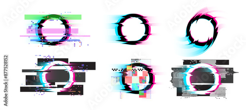 Circles with various glitch and digital noise effects vector set, round frames with pixel light, distorted glitch rings
