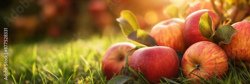 Freshly picked red apples green leaves lying grass orchard sunset horizontal background copy space