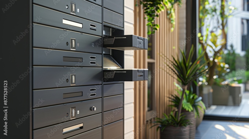 Modern package delivery system in building lobby, compartments open with view inside. Mounted against wall with wooden slats, window to outdoor area. Modern package delivery system in building lobby, compartments open with view inside. Mounted against wall with wooden slats, window to outdoor area.
