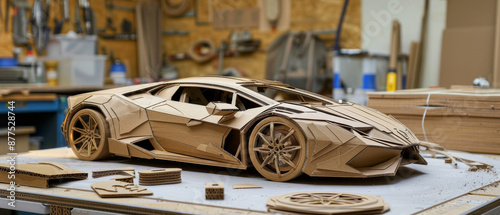 A meticulous cardboard model of a sleek sports car, showcasing precision and craftsmanship in a workshop setting. photo