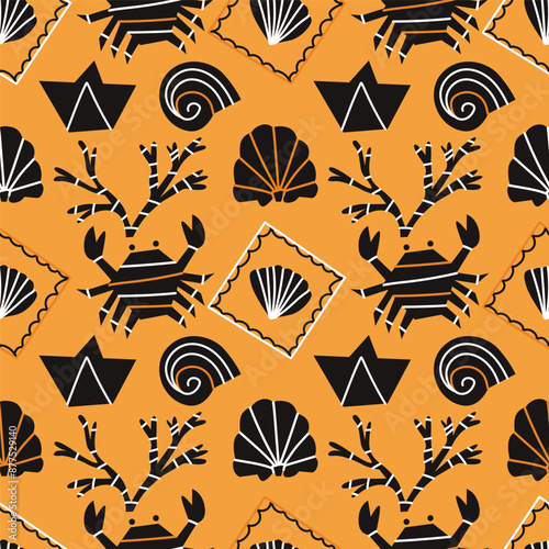Vector seamless pattern with sea elements on yellow background. Modern design for fabric and paper, surface textures. 