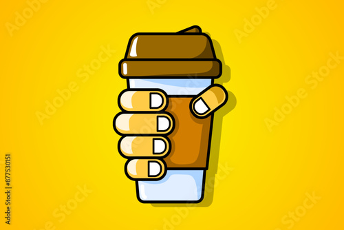 Disposable coffee cup in hand. Flat design illustration. The hand holds a paper glass with coffee. Fast food. Break for coffee.